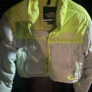The North Face Neon Green and Gray Puffer Jacket
